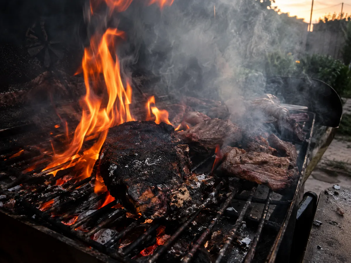 Carne queimada na grelha com labaredas e fumaça descontroladas