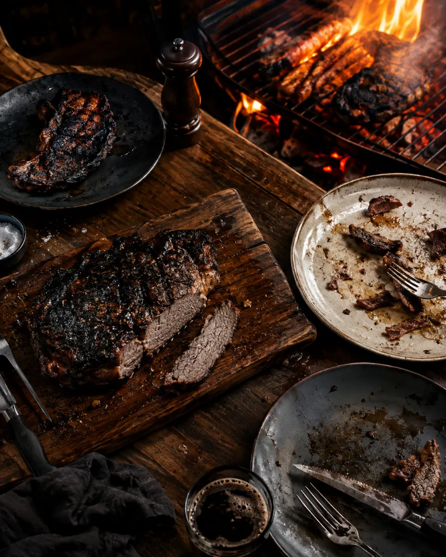 Mesa de churrasco com carne queimada, carne seca e pratos com sobras