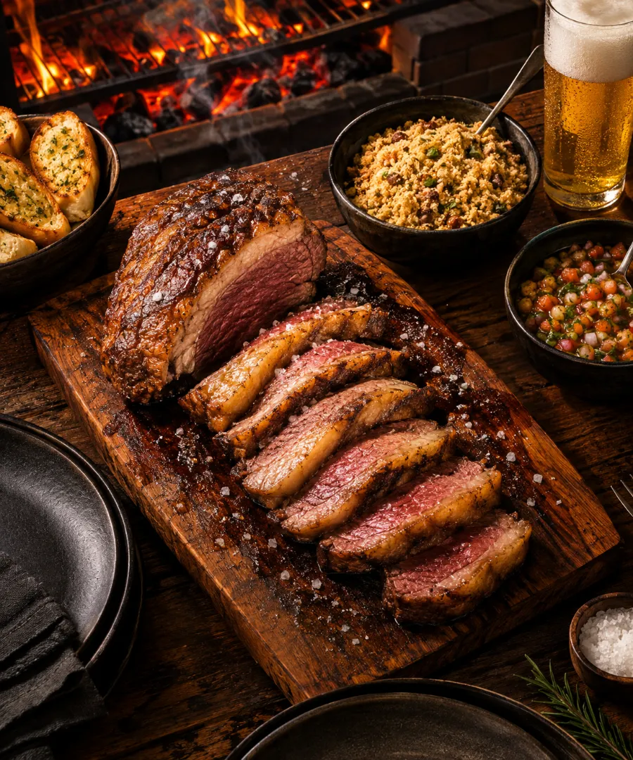 Picanha perfeita fatiada sobre a tábua, com farofa, vinagrete, pão de alho e cerveja gelada, e a brasa controlada ao fundo
