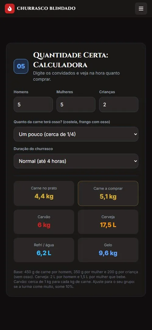 Calculadora de quantidade funcionando: carne, carvão, cerveja e gelo