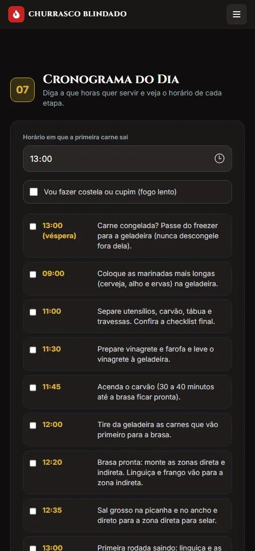 Cronograma do dia com o horário de cada etapa do churrasco