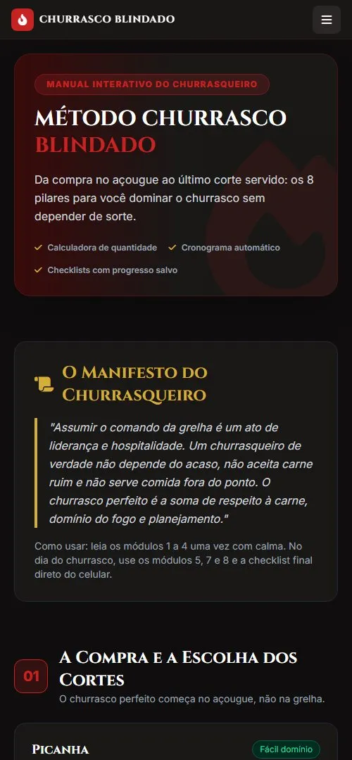 Tela inicial do guia Churrasco Blindado no celular